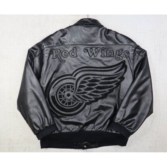 Vintage 1995 Detroit Red Wings All Black Leather Jacket JH Design Size Large